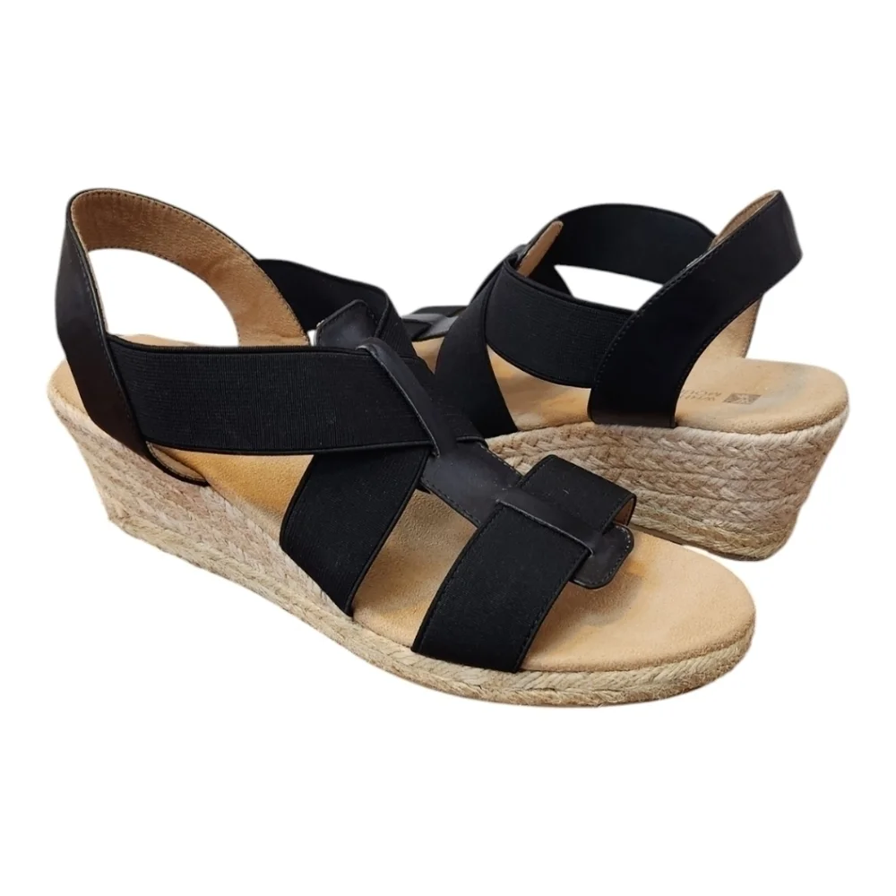 White Mountain Women's Black and Tan Espadrille Sandal Wedges, size 9 NWOB